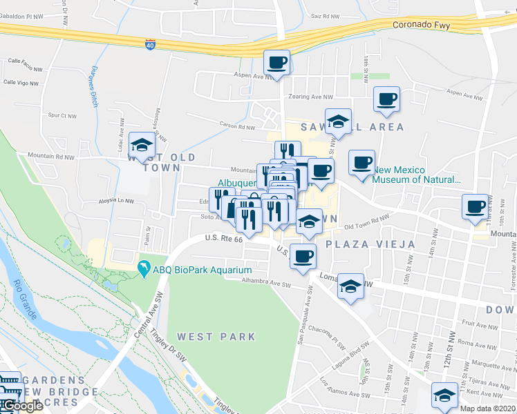 map of restaurants, bars, coffee shops, grocery stores, and more near 2129 Edna Avenue Northwest in Albuquerque