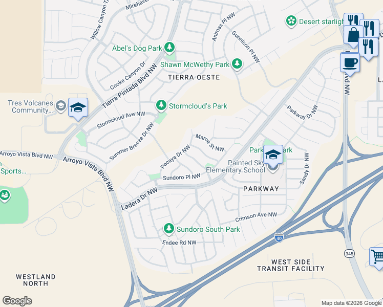 map of restaurants, bars, coffee shops, grocery stores, and more near 1044 Marapi Street Northwest in Albuquerque