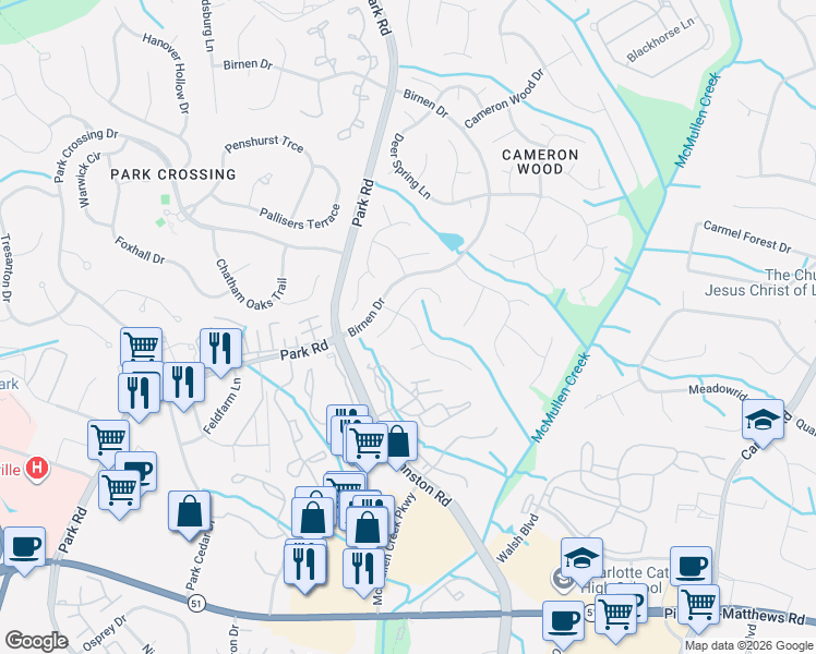 map of restaurants, bars, coffee shops, grocery stores, and more near 9908 Reniston Drive in Charlotte