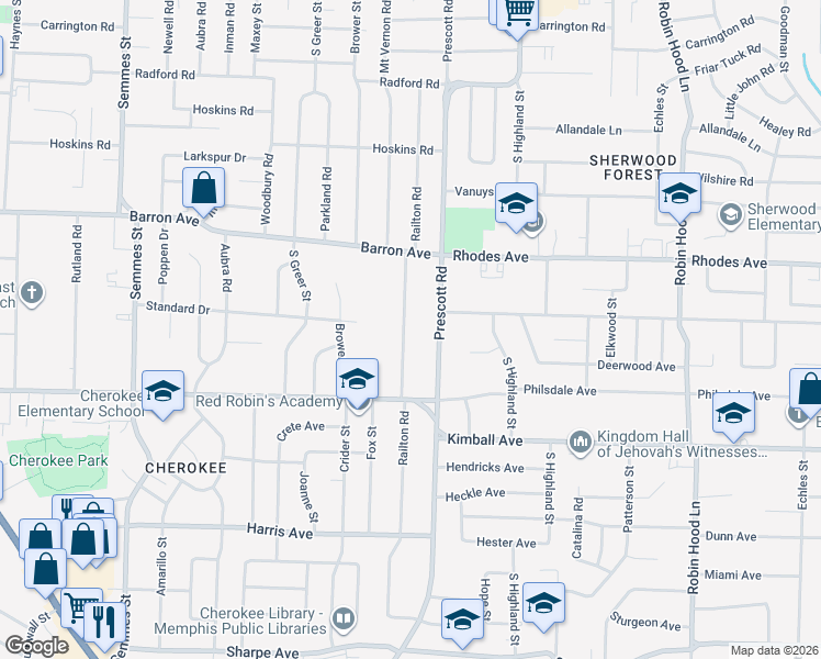 map of restaurants, bars, coffee shops, grocery stores, and more near 1274 Railton Road in Memphis