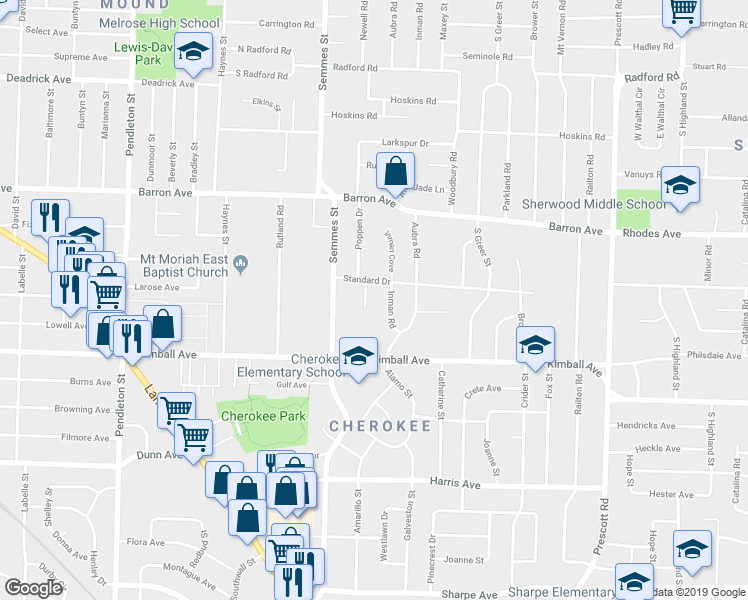 map of restaurants, bars, coffee shops, grocery stores, and more near 1268 Poppen Drive in Memphis