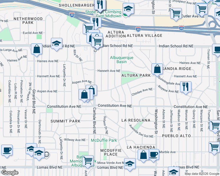 map of restaurants, bars, coffee shops, grocery stores, and more near 3903 Aspen Avenue Northeast in Albuquerque
