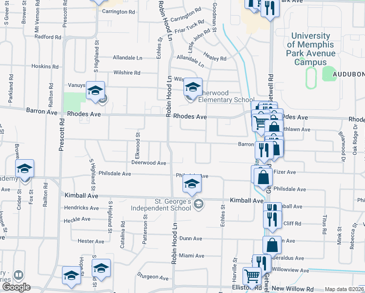 map of restaurants, bars, coffee shops, grocery stores, and more near 3719 Barron Avenue in Memphis