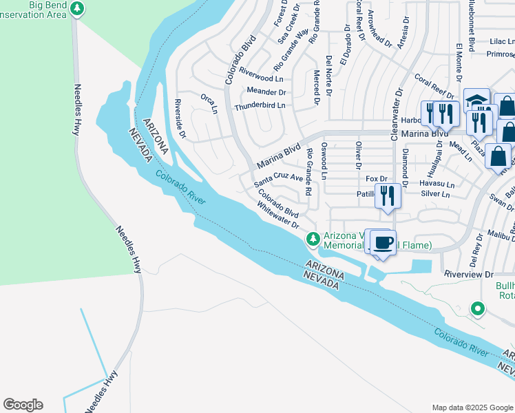 map of restaurants, bars, coffee shops, grocery stores, and more near 2077 Whitewater Drive in Bullhead City