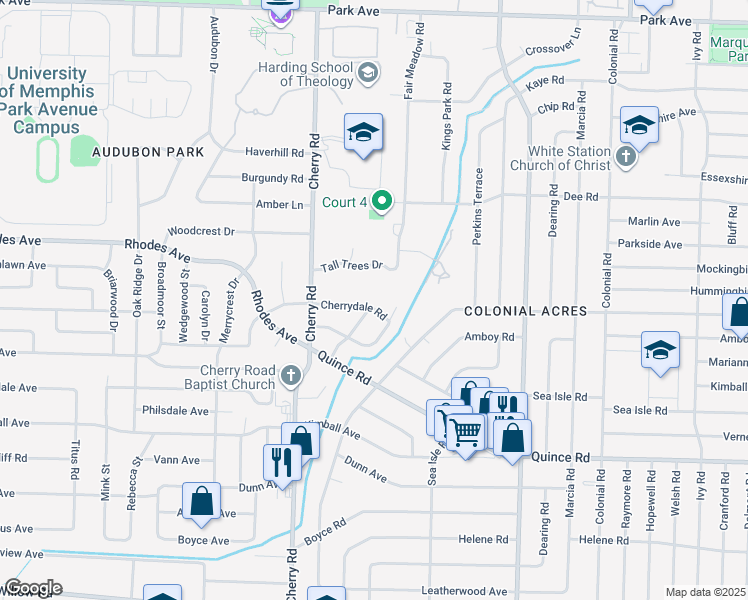 map of restaurants, bars, coffee shops, grocery stores, and more near 4464 Cherrydale Road in Memphis