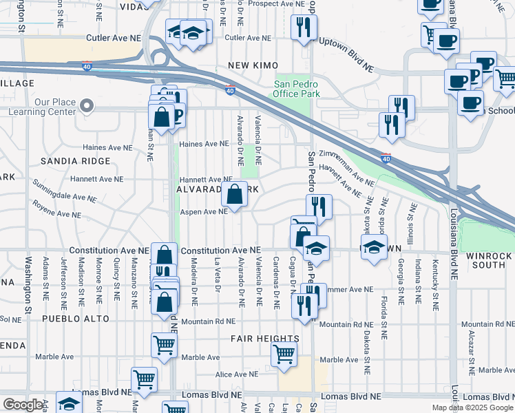 map of restaurants, bars, coffee shops, grocery stores, and more near 5600 Princess Jeanne Avenue Northeast in Albuquerque