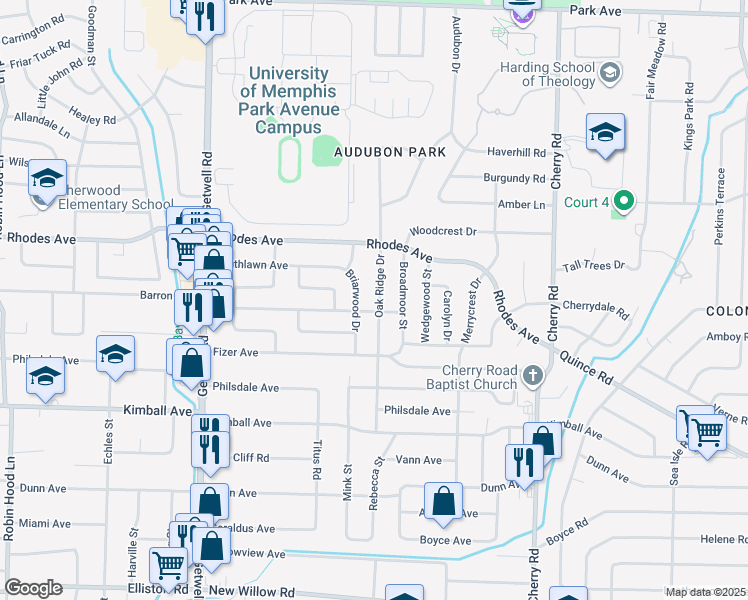 map of restaurants, bars, coffee shops, grocery stores, and more near 1281 Oak Ridge Drive in Memphis