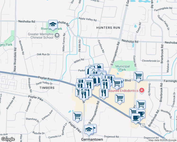 map of restaurants, bars, coffee shops, grocery stores, and more near 7535 Parker Circle in Germantown