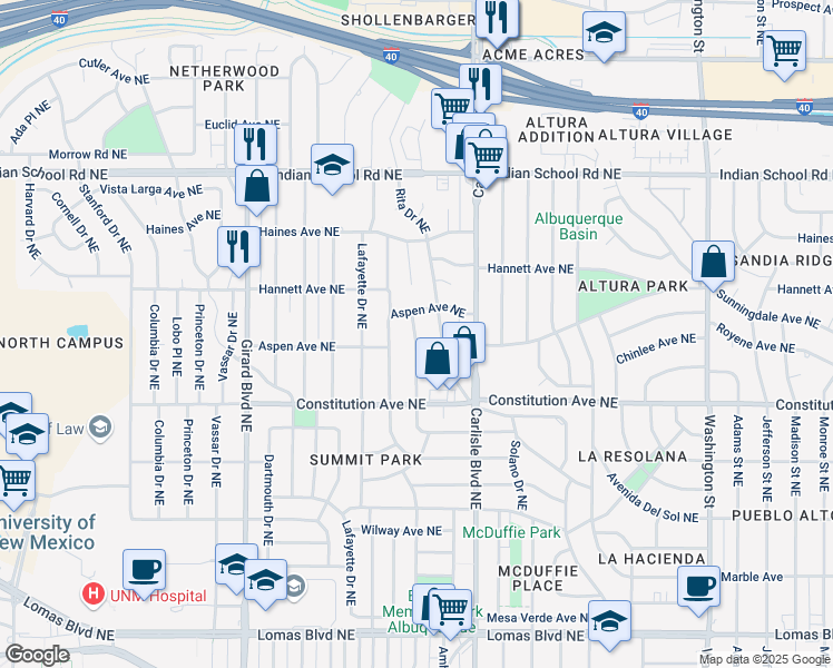 map of restaurants, bars, coffee shops, grocery stores, and more near 1506 Cll Del Ranchero Northeast in Albuquerque