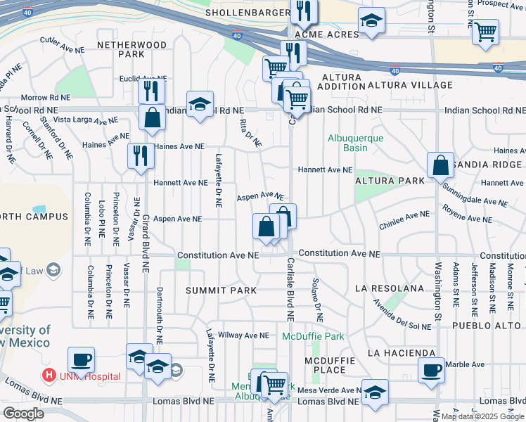 map of restaurants, bars, coffee shops, grocery stores, and more near 1506 Cll Del Ranchero Northeast in Albuquerque