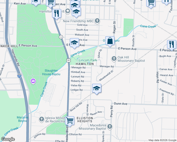 map of restaurants, bars, coffee shops, grocery stores, and more near 1440 Kimball Avenue in Memphis