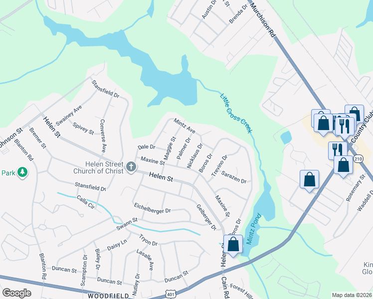 map of restaurants, bars, coffee shops, grocery stores, and more near 1520 Palmer Drive in Fayetteville