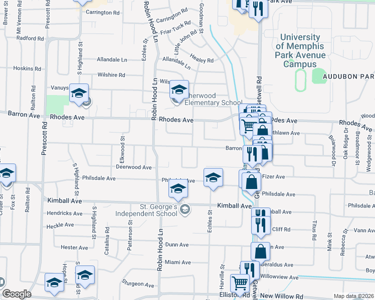 map of restaurants, bars, coffee shops, grocery stores, and more near 3771 Barron Avenue in Memphis