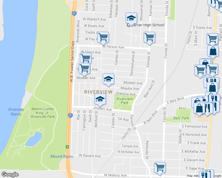 map of restaurants, bars, coffee shops, grocery stores, and more near 231 Majuba Avenue in Memphis