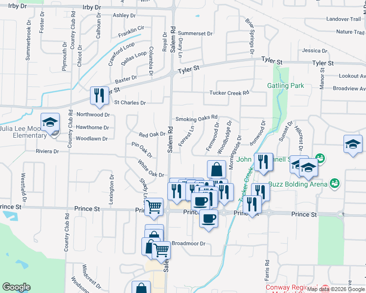 map of restaurants, bars, coffee shops, grocery stores, and more near 7 Forrest Lane in Conway