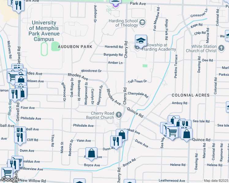map of restaurants, bars, coffee shops, grocery stores, and more near 1279 Cherrydale Cove in Memphis