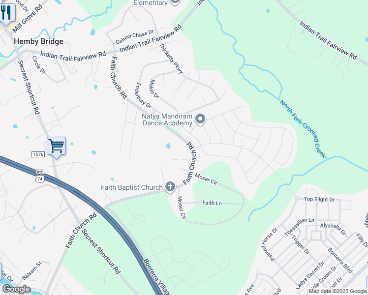 map of restaurants, bars, coffee shops, grocery stores, and more near 4421 Faith Church Road in Indian Trail