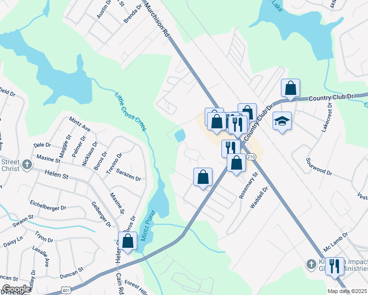 map of restaurants, bars, coffee shops, grocery stores, and more near 1951 Boxwood Lane in Fayetteville