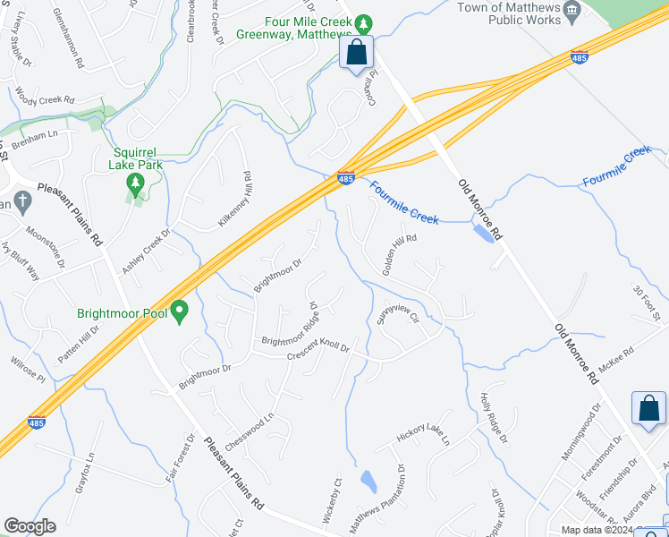 map of restaurants, bars, coffee shops, grocery stores, and more near 2656 Brightmoor Ridge Drive in Matthews