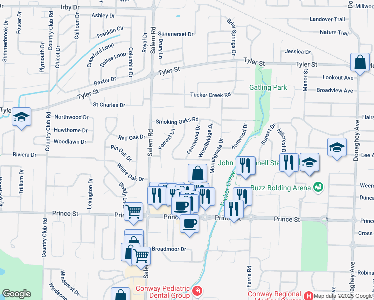 map of restaurants, bars, coffee shops, grocery stores, and more near 17 Fernwood Drive in Conway