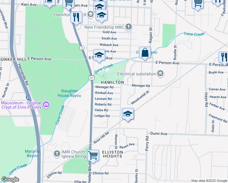 map of restaurants, bars, coffee shops, grocery stores, and more near 1440 Kimball Avenue in Memphis