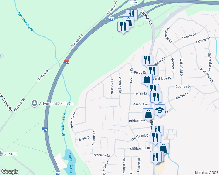 map of restaurants, bars, coffee shops, grocery stores, and more near 283 Lemont Drive in Fayetteville