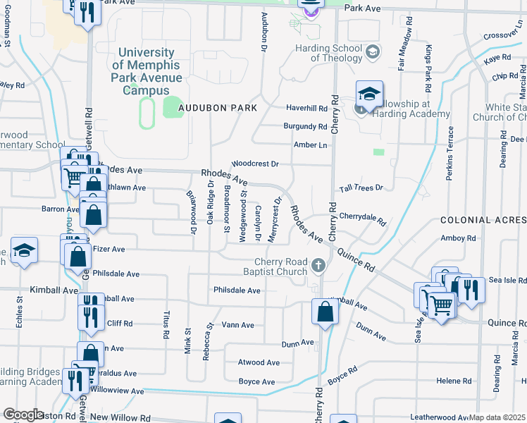 map of restaurants, bars, coffee shops, grocery stores, and more near 1280 Carolyn Drive in Memphis