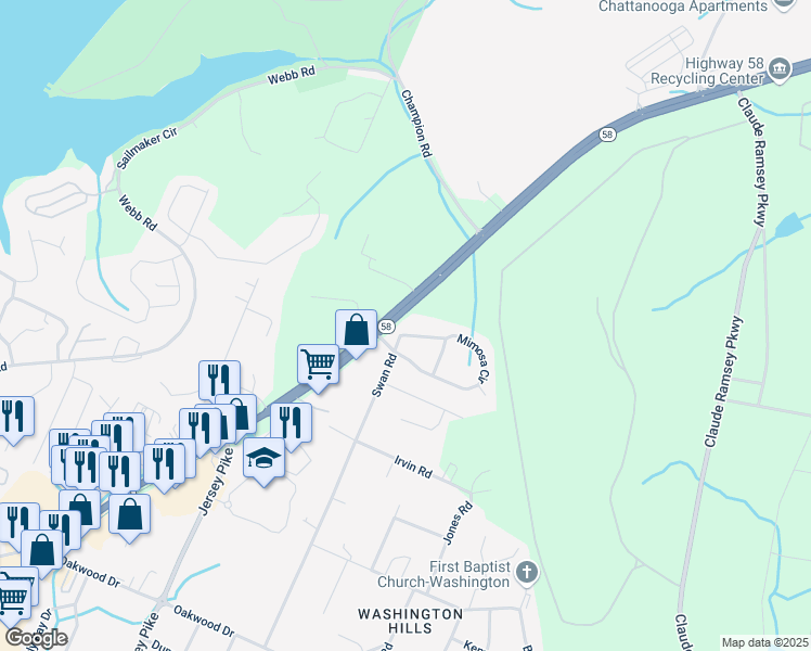 map of restaurants, bars, coffee shops, grocery stores, and more near 5102 Tennessee 58 in Chattanooga