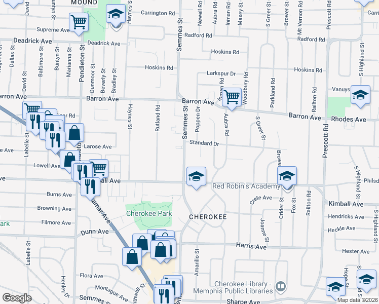 map of restaurants, bars, coffee shops, grocery stores, and more near 1272 Semmes Street in Memphis