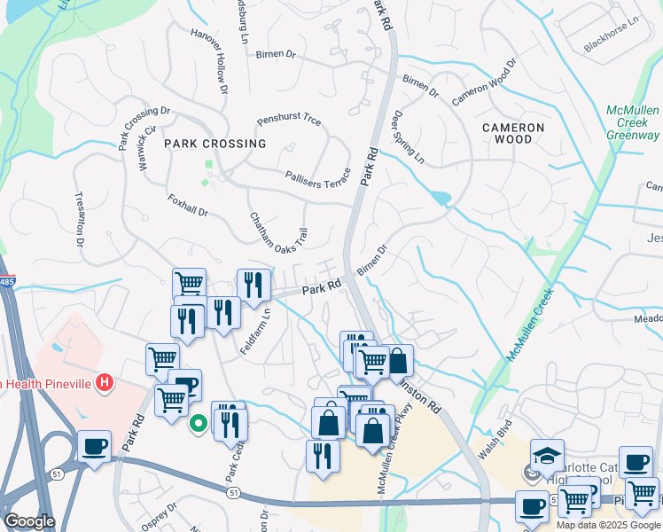 map of restaurants, bars, coffee shops, grocery stores, and more near 10921 Oakside Court in Charlotte