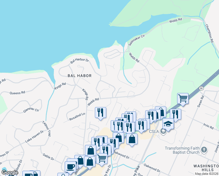 map of restaurants, bars, coffee shops, grocery stores, and more near 4115 Harbor Hills Road in Chattanooga