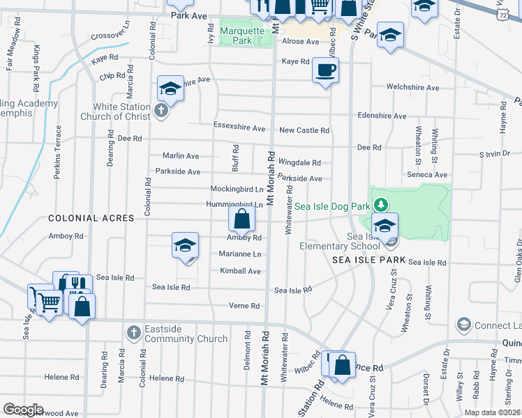 map of restaurants, bars, coffee shops, grocery stores, and more near 4965 Hummingbird Lane in Memphis