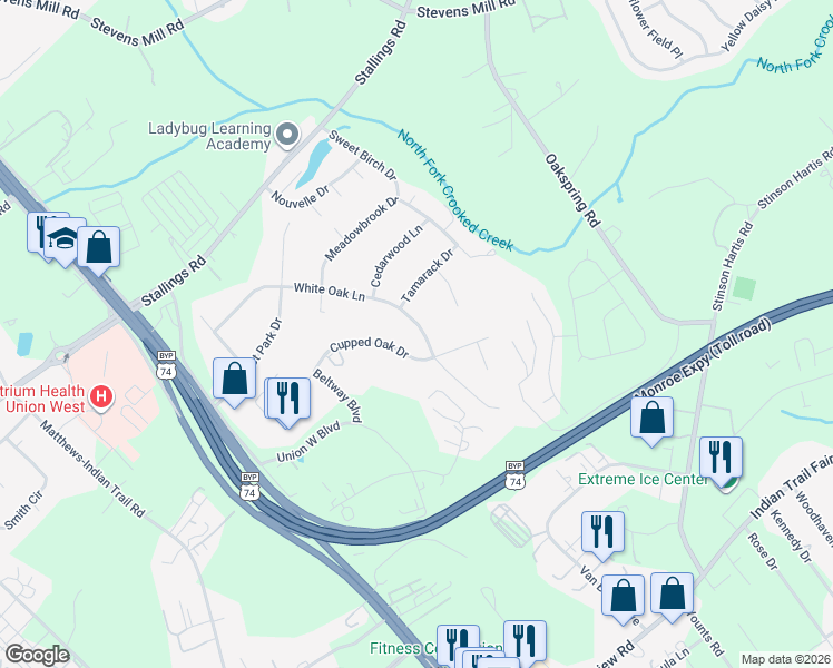 map of restaurants, bars, coffee shops, grocery stores, and more near 618 White Oak Lane in Matthews
