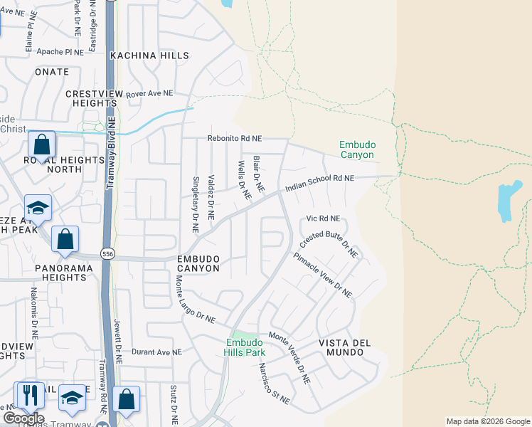 map of restaurants, bars, coffee shops, grocery stores, and more near 13405 Summit Hills Road Northeast in Albuquerque