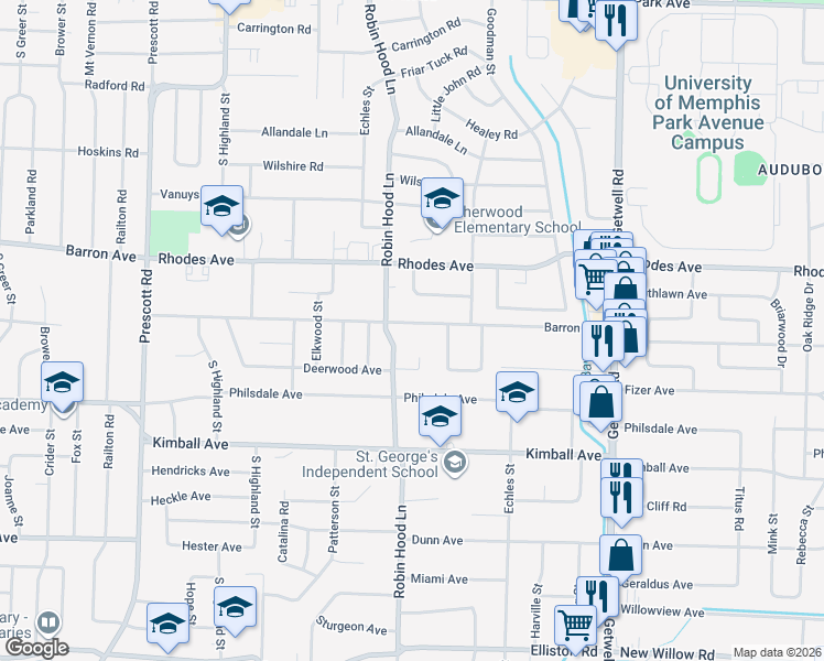 map of restaurants, bars, coffee shops, grocery stores, and more near 3719 Barron Avenue in Memphis