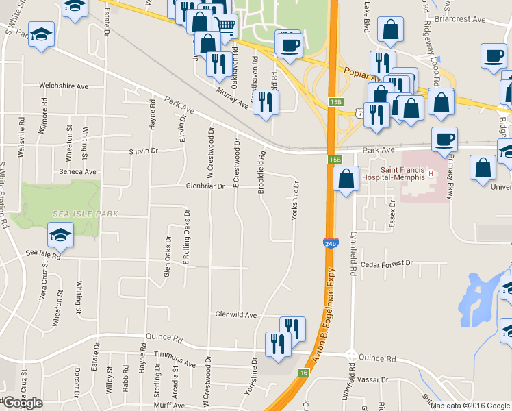 map of restaurants, bars, coffee shops, grocery stores, and more near 1268 East Crestwood Drive in Memphis