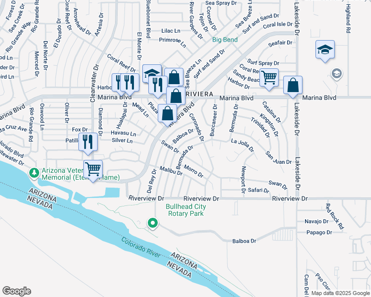 map of restaurants, bars, coffee shops, grocery stores, and more near 2115 Bermuda Dr in Bullhead City
