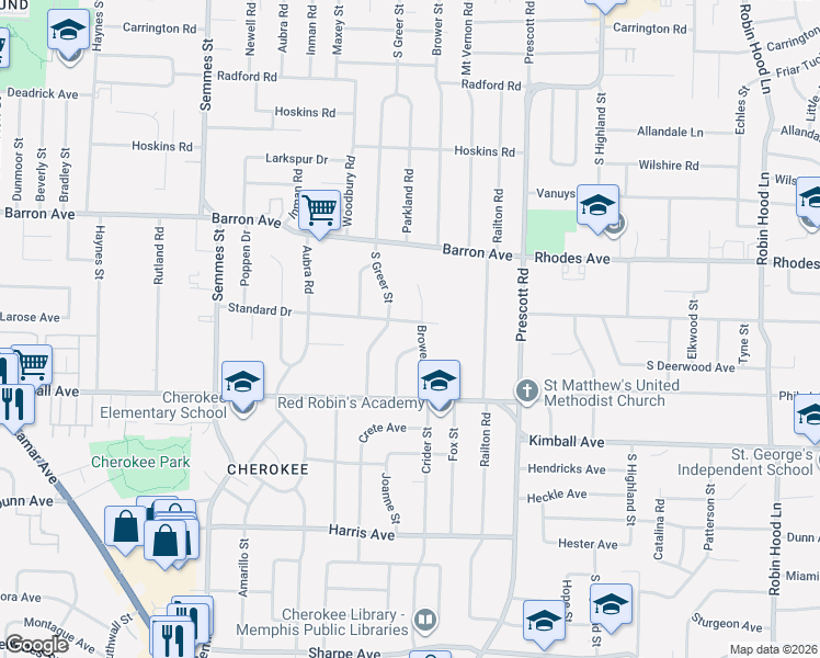 map of restaurants, bars, coffee shops, grocery stores, and more near 3271 Standard Drive in Memphis