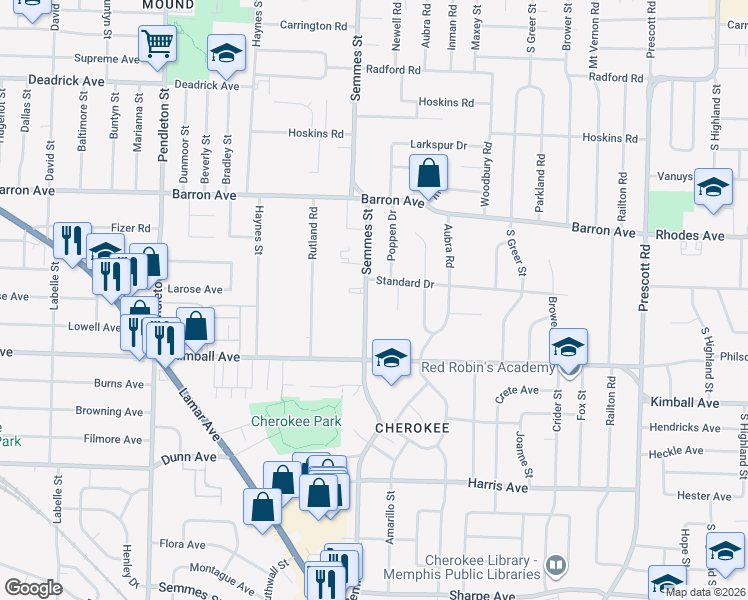 map of restaurants, bars, coffee shops, grocery stores, and more near 1272 Semmes Street in Memphis