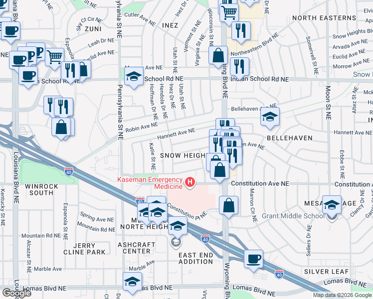map of restaurants, bars, coffee shops, grocery stores, and more near 8019 Aspen Avenue Northeast in Albuquerque