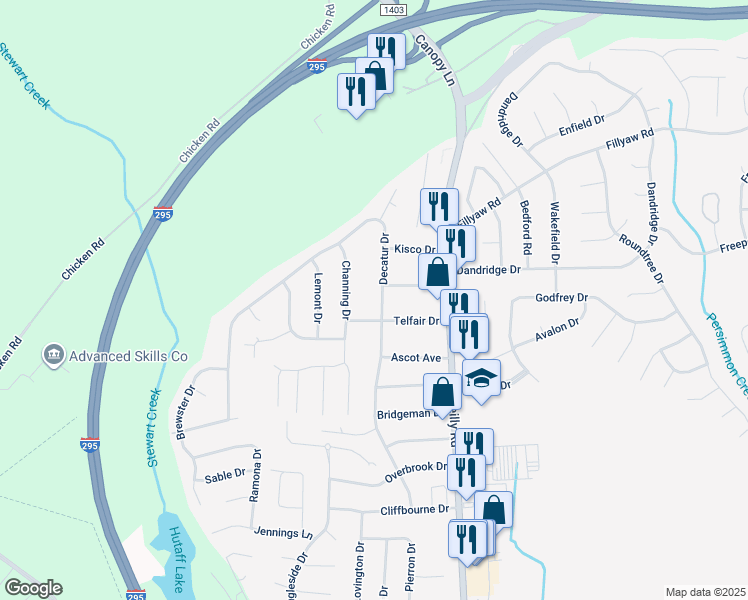 map of restaurants, bars, coffee shops, grocery stores, and more near 287 Decatur Drive in Fayetteville