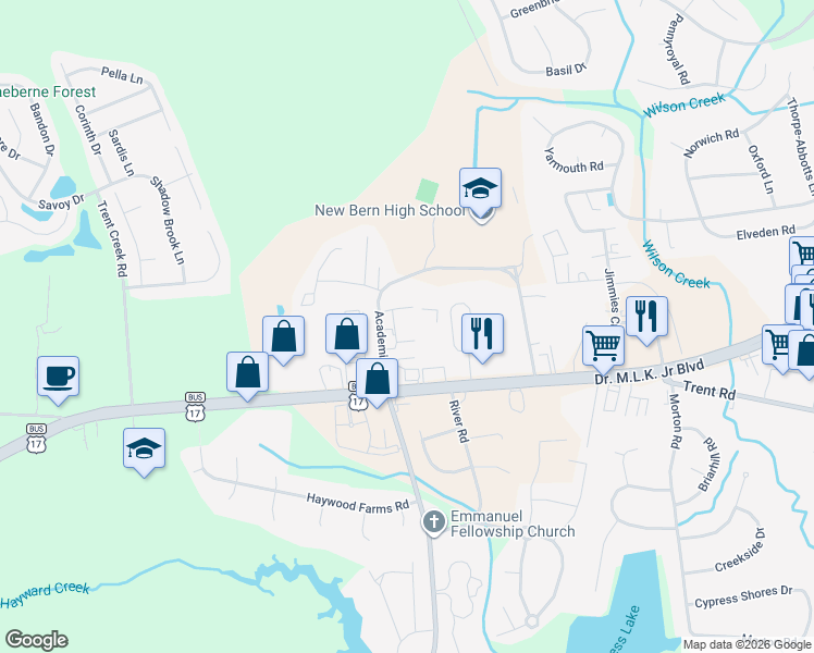 map of restaurants, bars, coffee shops, grocery stores, and more near 4016 Copperfield Drive in New Bern