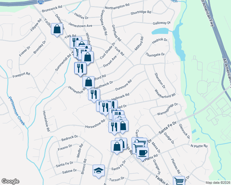 map of restaurants, bars, coffee shops, grocery stores, and more near 410 Dunmore Road in Fayetteville