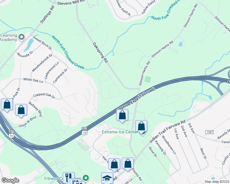 map of restaurants, bars, coffee shops, grocery stores, and more near 7103 Oakspring Road in Indian Trail