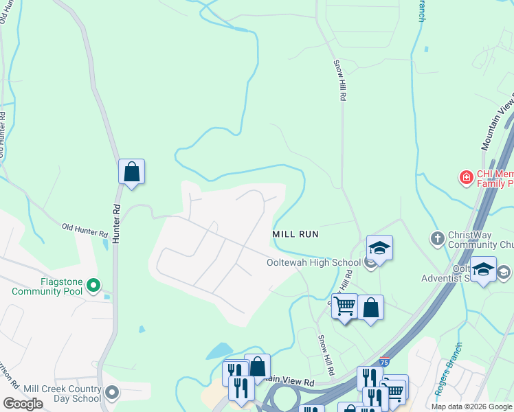 map of restaurants, bars, coffee shops, grocery stores, and more near 5521 Mill Stone Drive in Ooltewah