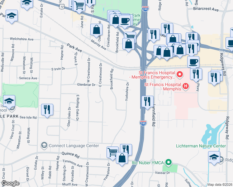 map of restaurants, bars, coffee shops, grocery stores, and more near 1272 Brookfield Road in Memphis