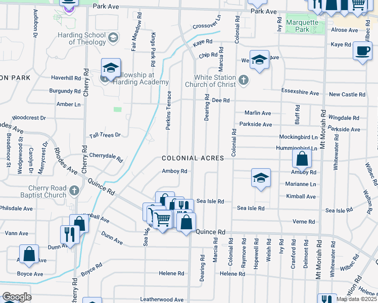 map of restaurants, bars, coffee shops, grocery stores, and more near 1269 South Perkins Road in Memphis