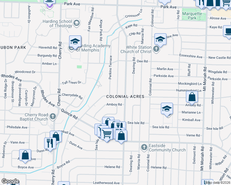 map of restaurants, bars, coffee shops, grocery stores, and more near 1270 Perkins Terrace in Memphis