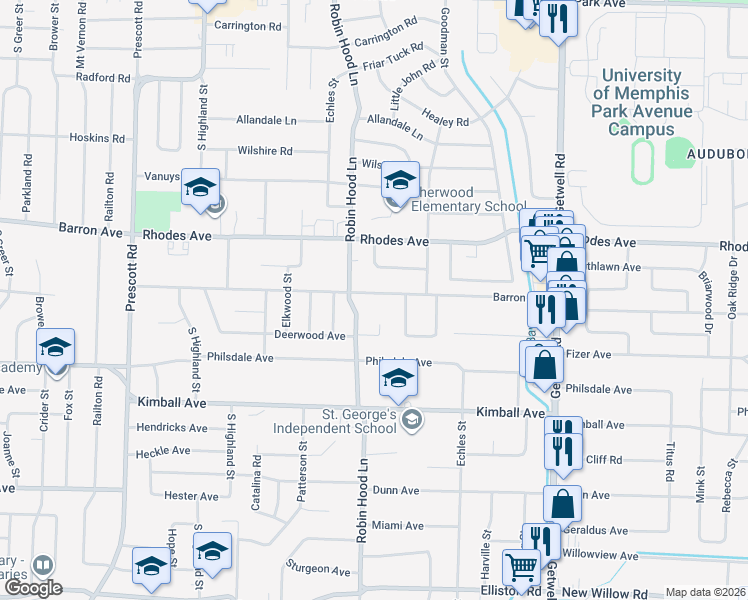 map of restaurants, bars, coffee shops, grocery stores, and more near 3719 Barron Avenue in Memphis