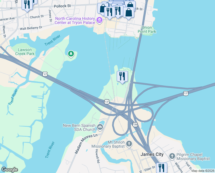 map of restaurants, bars, coffee shops, grocery stores, and more near 103 Trent Villa Landing Drive in New Bern